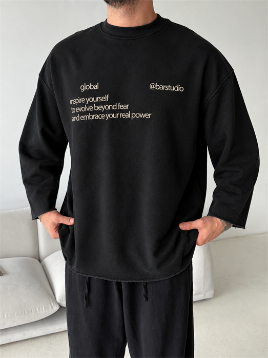 Siyah Global Pis Kesim Boxy 3 İplik Sweatshirt BRR 80115