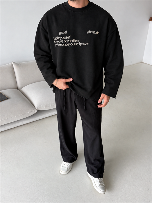 Siyah Global Pis Kesim Boxy 3 İplik Sweatshirt BRR 80115