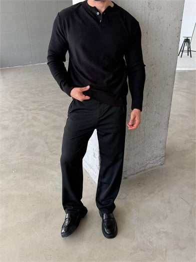 Siyah Henley Yaka Örgü Relax Fit Triko SNZ