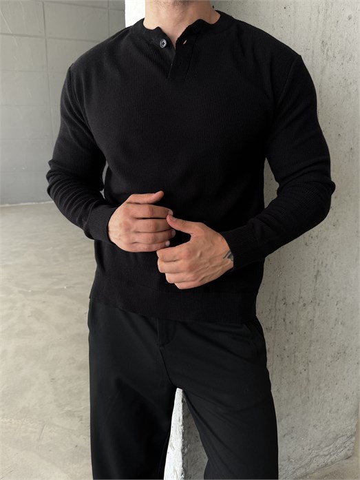 Siyah Henley Yaka Örgü Relax Fit Triko SNZ
