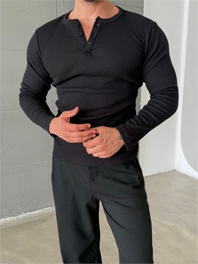 Siyah Henley Yaka Uzun Kol SC 10