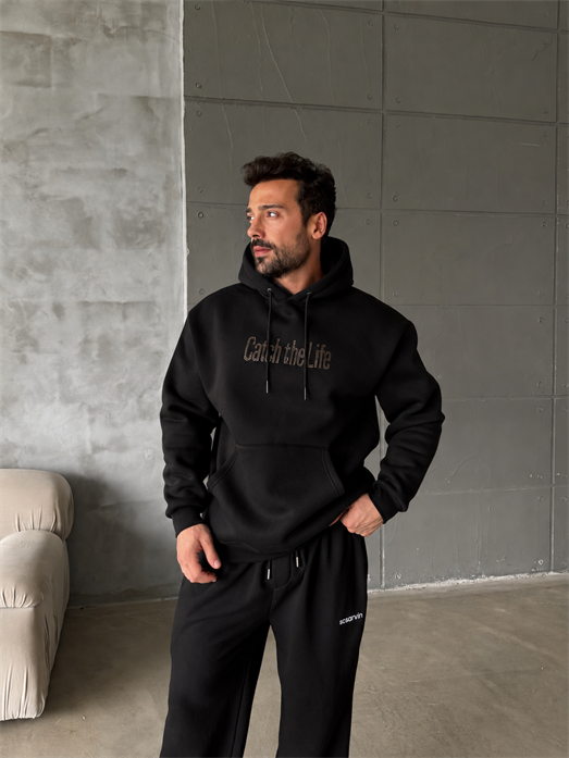 Siyah Kangru Kapşonlu Cacht The 3 İplik Hoodie Model 17