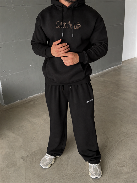 Siyah Kangru Kapşonlu Cacht The 3 İplik Hoodie Model 17