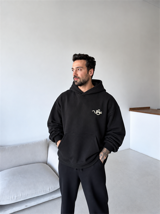 Siyah Kapüşonlu Arka Tam Etnik Desen Hoddie PLZ 27022