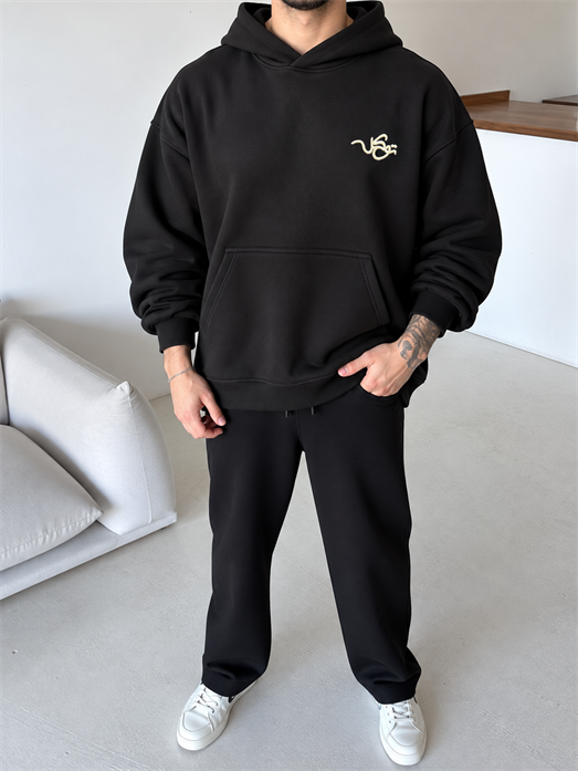 Siyah Kapüşonlu Arka Tam Etnik Desen Hoddie PLZ 27022