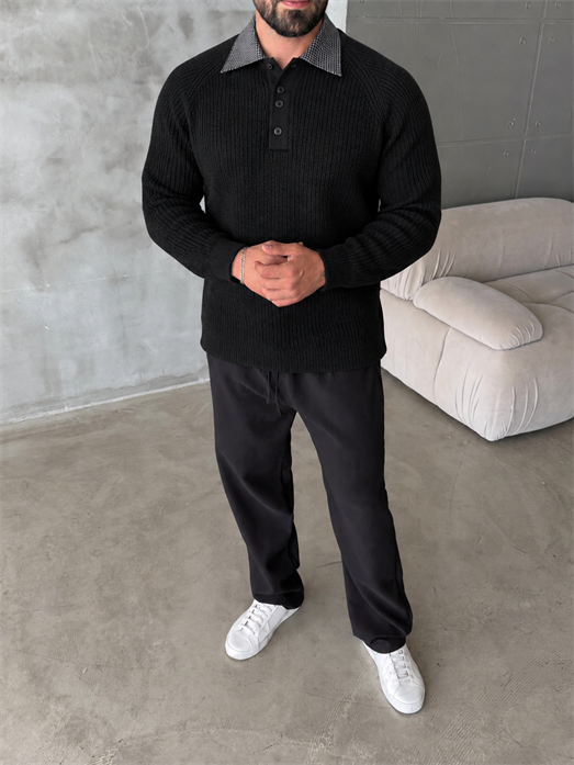 Siyah Pamuk Örgü Gömlek Yaka Sweat BRR 5015