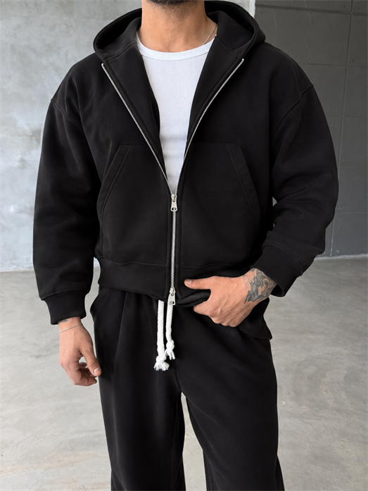 Siyah Panda Boxy Tam Zip Kapşonlu PLZ 27551