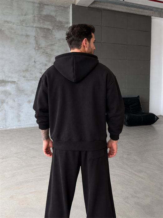 Siyah Panda Boxy Tam Zip Kapşonlu PLZ 27551