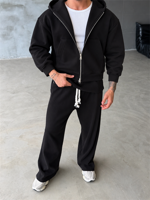 Siyah Panda Boxy Tam Zip Kapşonlu PLZ 27551