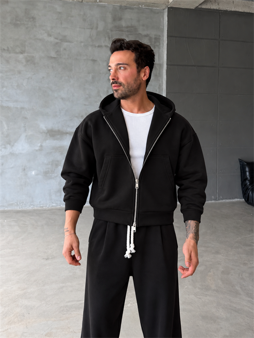 Siyah Panda Boxy Tam Zip Kapşonlu PLZ 27551