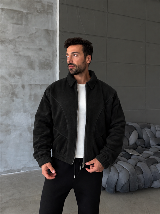 Siyah Parçalı Tam Zip Boxy Polar
