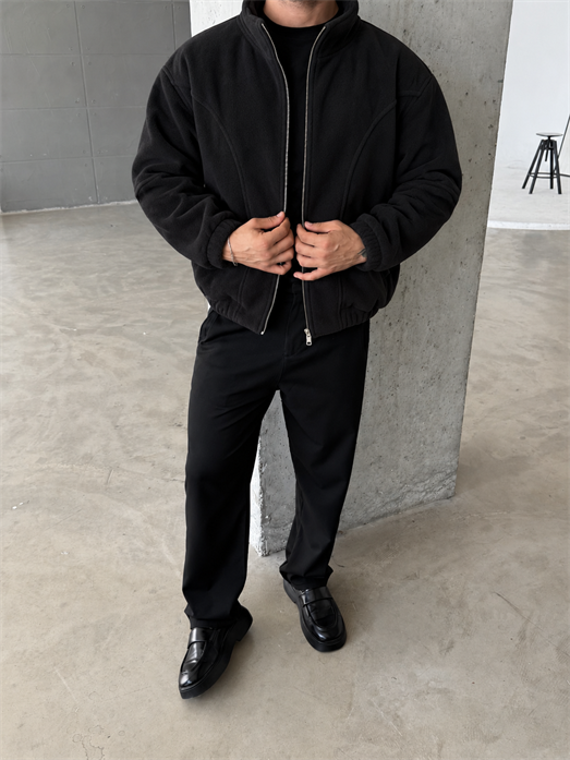 Siyah Parçalı Tam Zip Boxy Polar