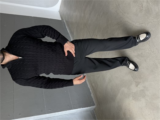 Siyah Saç Örgü Yarım Zip Triko TB