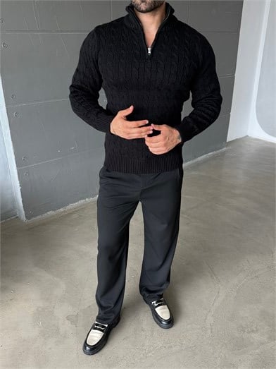 Siyah Saç Örgü Yarım Zip Triko TB