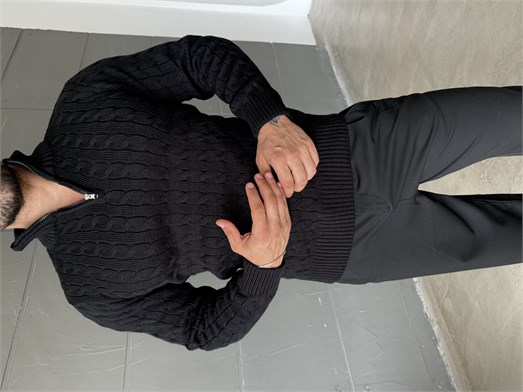 Siyah Saç Örgü Yarım Zip Triko TB