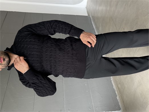 Siyah Saç Örgü Yarım Zip Triko TB