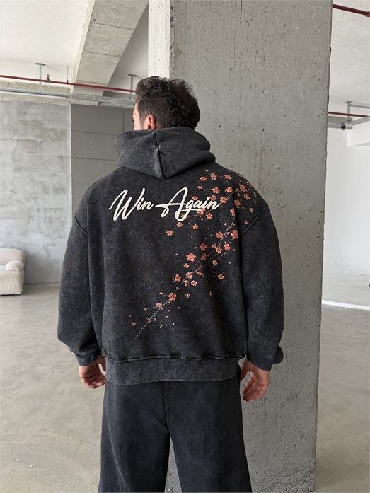 Siyah Sakura Yıkamalı Boxy Hoodie PLZ 27016