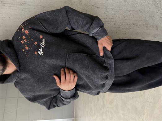 Siyah Sakura Yıkamalı Boxy Hoodie PLZ 27016