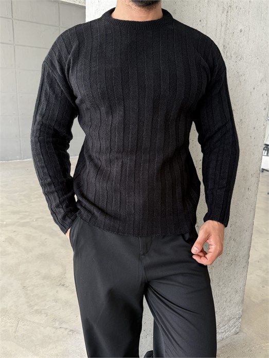 Siyah Şardonlu Dikey Şerit Fit Kazak SNZ 7294