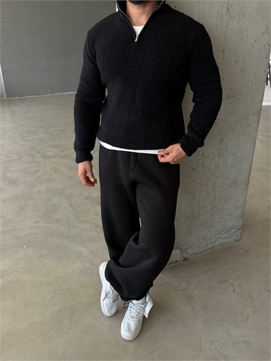 Siyah Yarım Zip Şardonlu Pamuk Teddy Boxy Fit Kazak AU