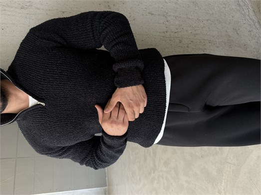 Siyah Yarım Zip Şardonlu Pamuk Teddy Boxy Fit Kazak AU