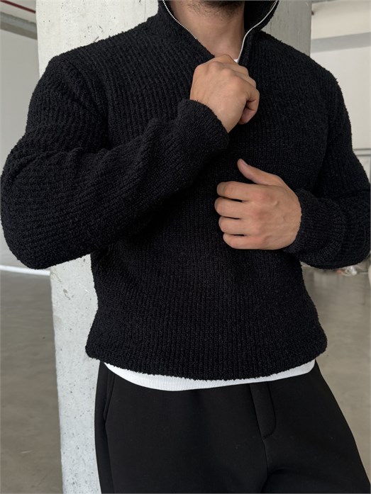 Siyah Yarım Zip Şardonlu Pamuk Teddy Boxy Fit Kazak AU