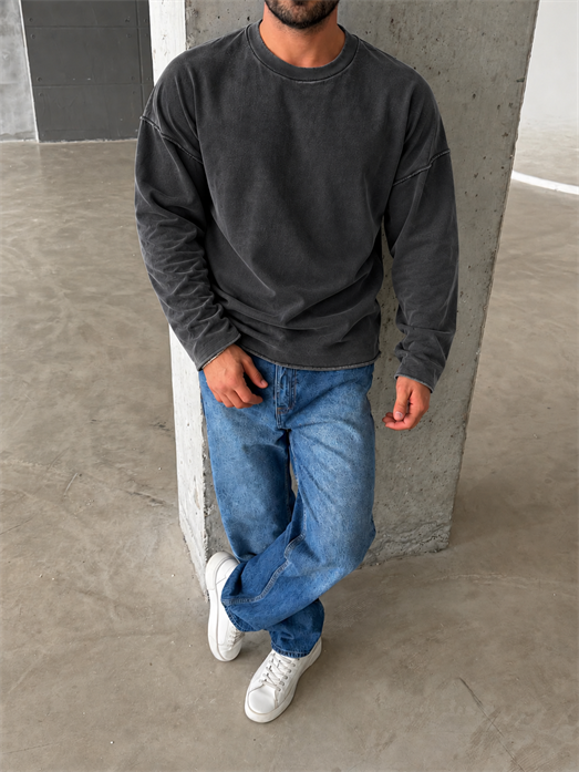 Siyah Yıkamalı Bisiklet Yaka İki İplik Sweatshirt KN 5751
