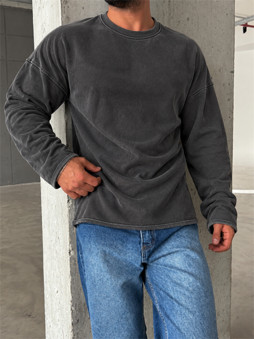 Siyah Yıkamalı Bisiklet Yaka İki İplik Sweatshirt KN 5751