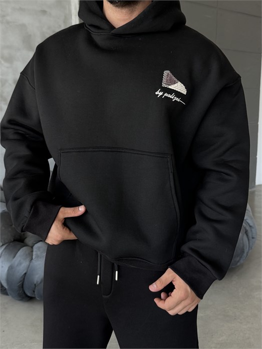 Siyah Compak 3 İplik Halı Desenli Boxy Hoodie PLZ 27004