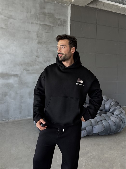 Siyah Compak 3 İplik Halı Desenli Boxy Hoodie PLZ 27004