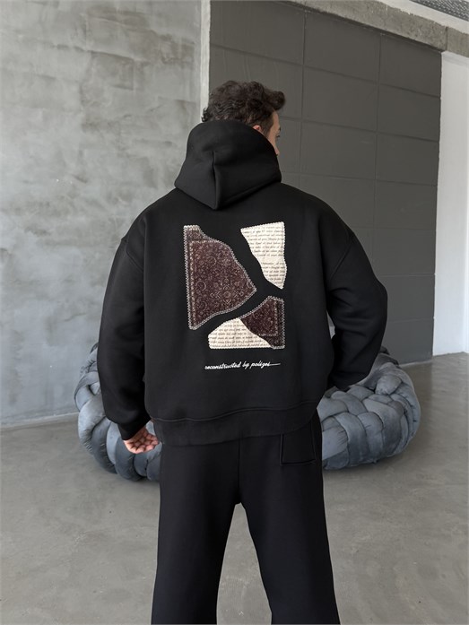 Siyah Compak 3 İplik Halı Desenli Boxy Hoodie PLZ 27004