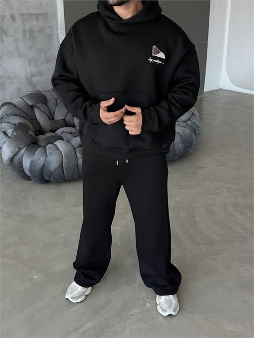 Siyah Compak 3 İplik Halı Desenli Boxy Hoodie PLZ 27004