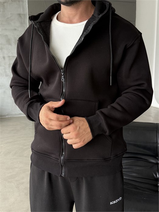 Siyah Fermuarlı Kapşonlu 3 İplik Hoodie Model 16
