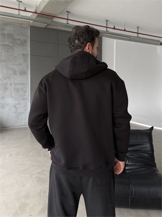 Siyah Fermuarlı Kapşonlu 3 İplik Hoodie Model 16
