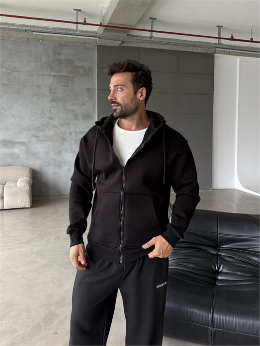 Siyah Fermuarlı Kapşonlu 3 İplik Hoodie Model 16