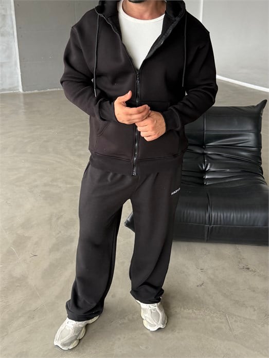 Siyah Fermuarlı Kapşonlu 3 İplik Hoodie Model 16