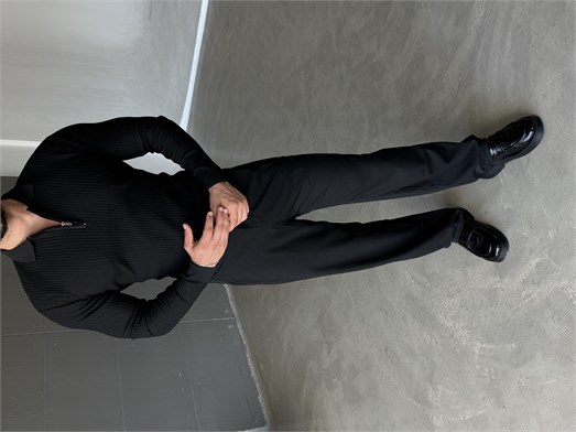Siyah Fermuarlı Polo Yaka Triko Kendiliğinden Düz Çizgili KNG