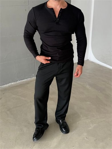 Siyah Henley Yaka Uzun Kol SC