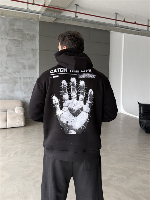 Siyah Kangru Kapşonlu 24 Life 3 İplik Hoodie Model 12