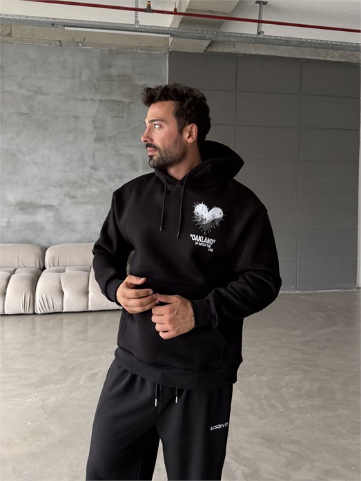 Siyah Kangru Kapşonlu 24 Life 3 İplik Hoodie Model 12