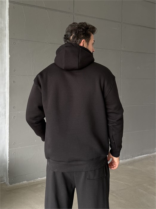 Siyah Kangru Kapşonlu 3 İplik Hoodie Model 4