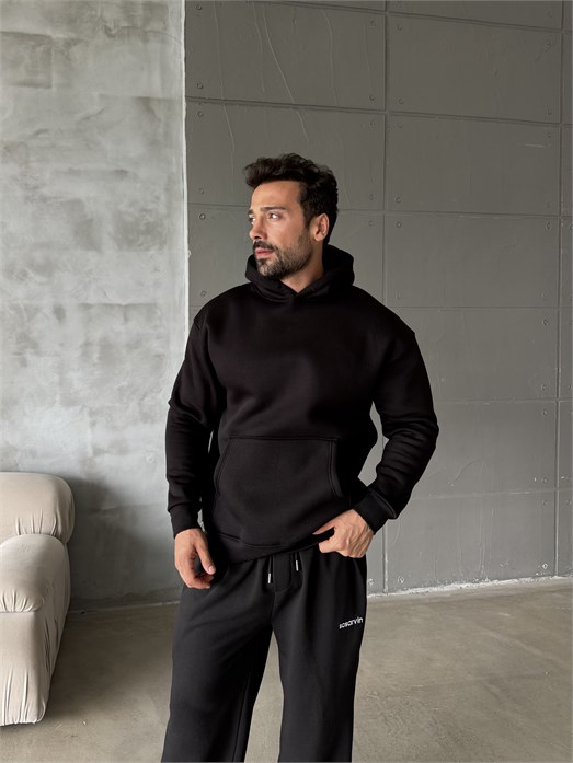 Siyah Kangru Kapşonlu 3 İplik Hoodie Model 4