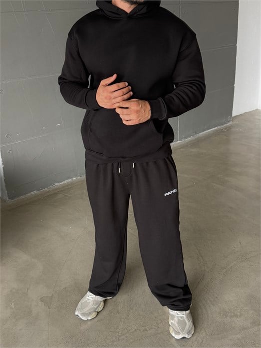 Siyah Kangru Kapşonlu 3 İplik Hoodie Model 4