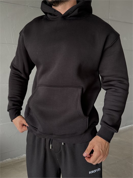 Siyah Kangru Kapşonlu 3 İplik Hoodie Model 4