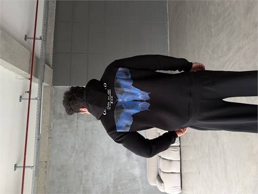 Siyah Kangru Kapşonlu Butterfly 3 İplik Hoodie Model 10