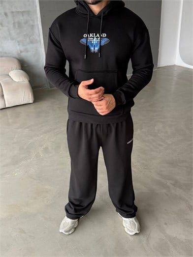 Siyah Kangru Kapşonlu Butterfly 3 İplik Hoodie Model 10