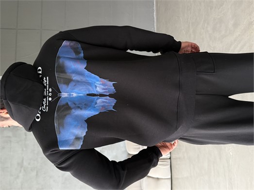 Siyah Kangru Kapşonlu Butterfly 3 İplik Hoodie Model 10