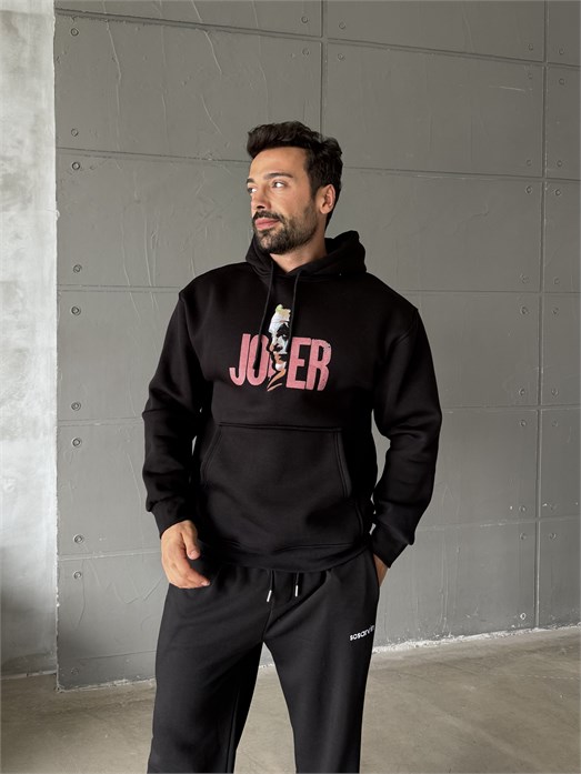 Siyah Kangru Kapşonlu Joker 3 İplik Hoodie Model 7