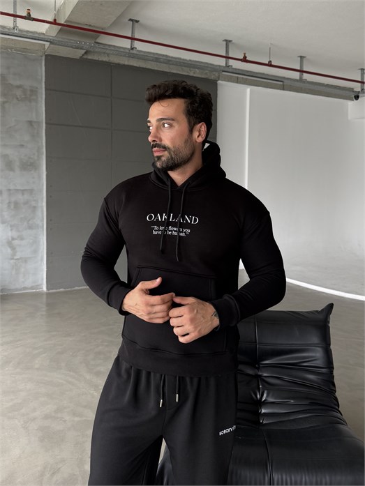 Siyah Kangru Kapşonlu Oakland 3 İplik Hoodie Model 5