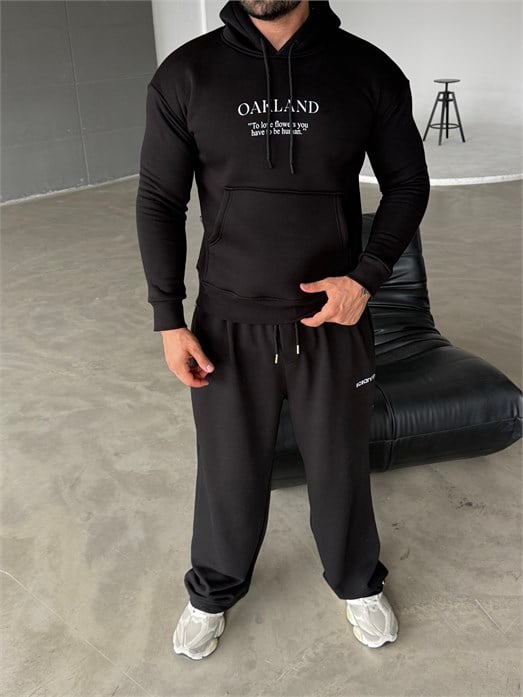 Siyah Kangru Kapşonlu Oakland 3 İplik Hoodie Model 5